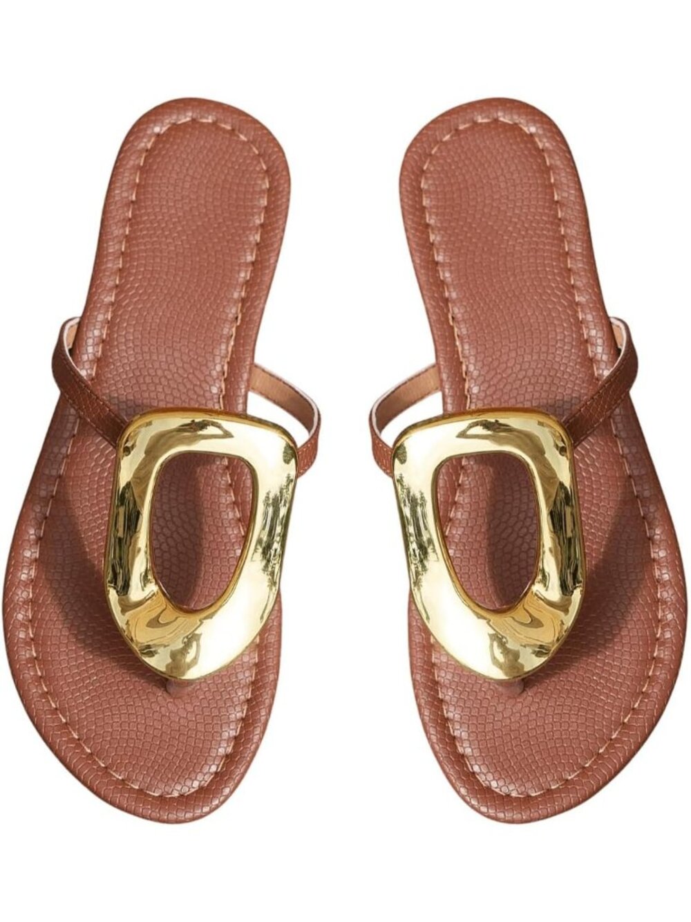 Women's Brown Metal Decor Flip Flop Thong Sandals Comfortable Slip on Flat